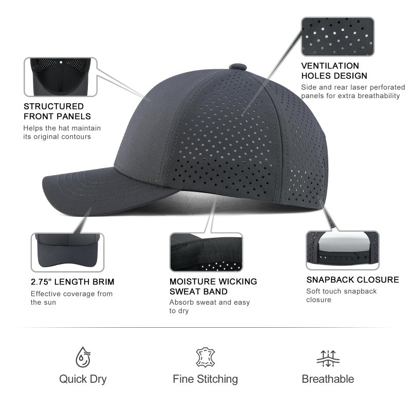 VOBOOM Men Quick Dry Baseball Cap Laser Cut Mesh Ball Curved Brim Snapback Hat (Dark Grey) - Image 5