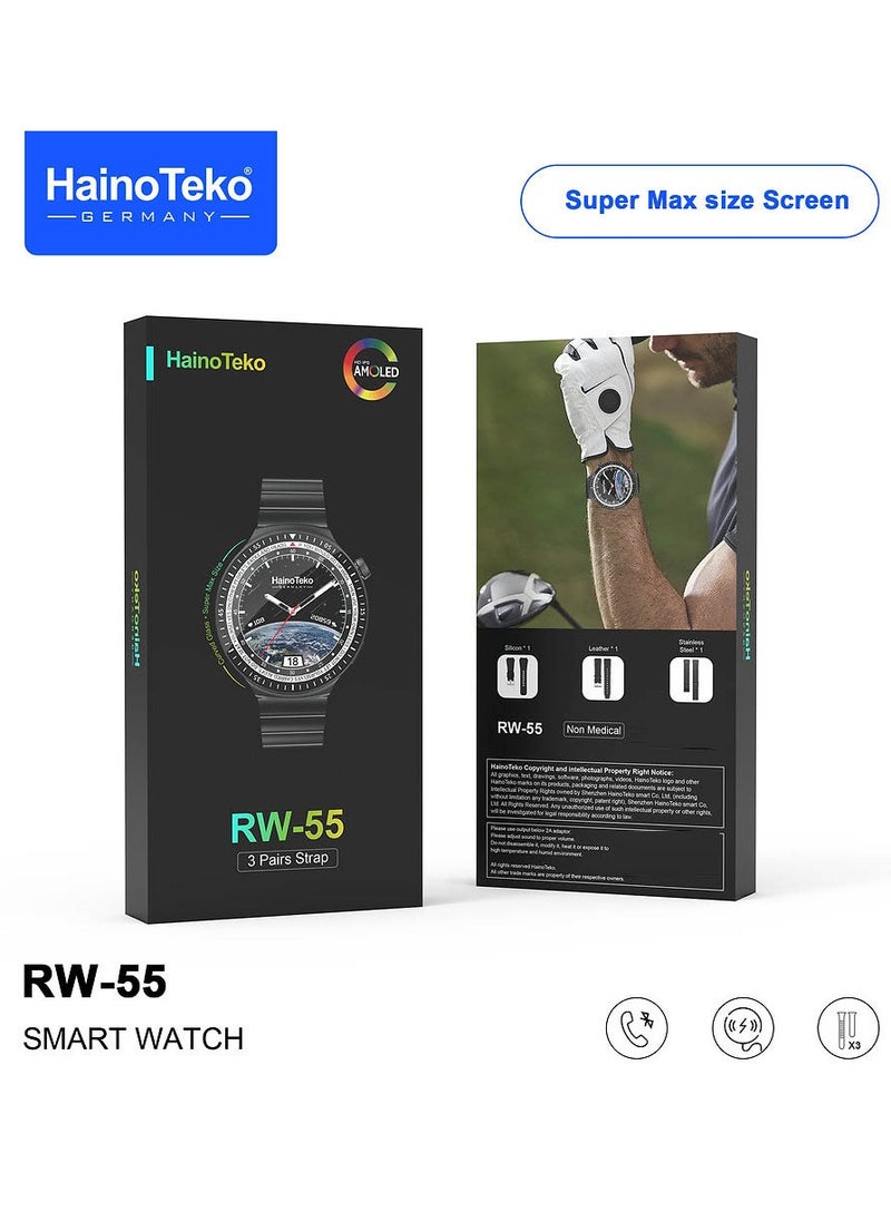 هينو تيكو - ساعة ذكية Haino Teko RW 55 مع شاشة AMOLED منحنية Super Max و3 أزواج من الأشرطة وكابل شحن للرجال فضي - Image 1