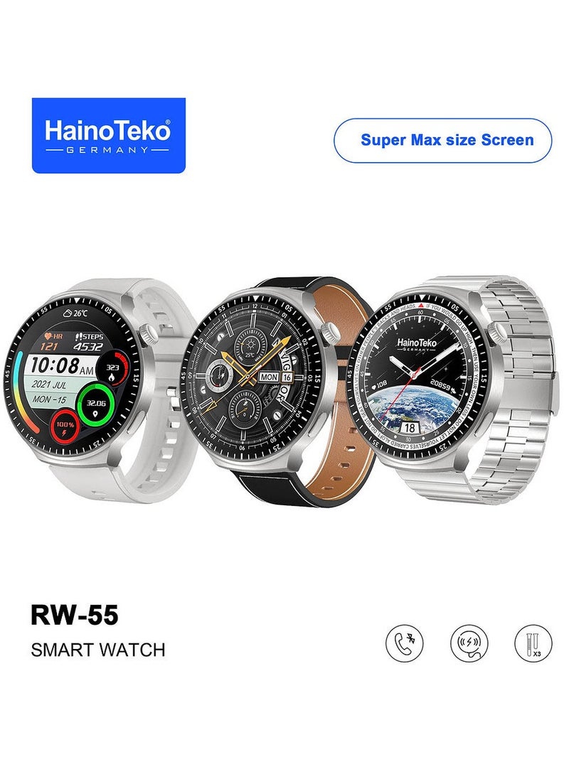 هينو تيكو - ساعة ذكية Haino Teko RW 55 مع شاشة AMOLED منحنية Super Max و3 أزواج من الأشرطة وكابل شحن للرجال فضي - Image 1