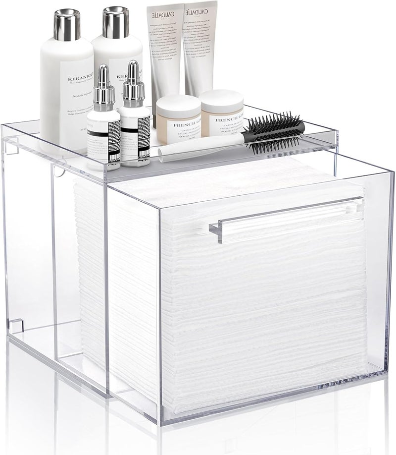 TAINESS Acrylic Disposable Face Towels Holder Compatible with Clean Skin Club Towel XL - Clear Storage Box Wall-Mounted Cosmetic & Skin Care Organizer with Drawer for Bathroom Vanity - Image 1