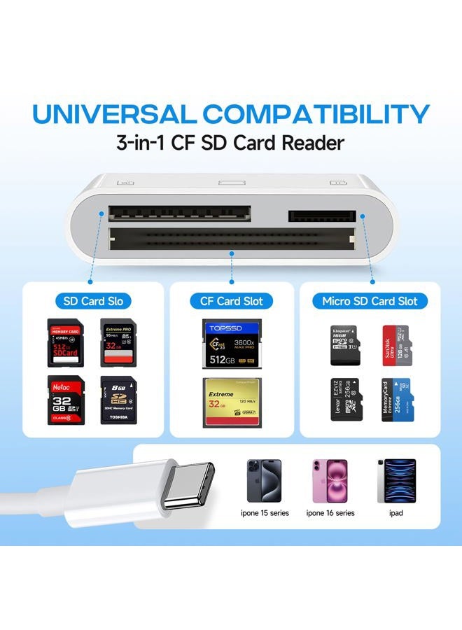 MTIQHS USB C SD Card Reader for iPhone 16/15/iPad/Mac, 3 in 1 USBC Memory Card Reader with Compact Flash/CF/SD/TF Card, Digital Camera Adapter iPhone SD Card Reader Compatible with MacBook Pro/Air/Mini Mac - Image 2