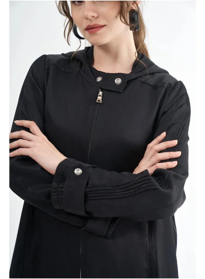 MissWhence  Ribbed-Sleeve Hooded Linen Coat - Black for Women | Best Price UAE