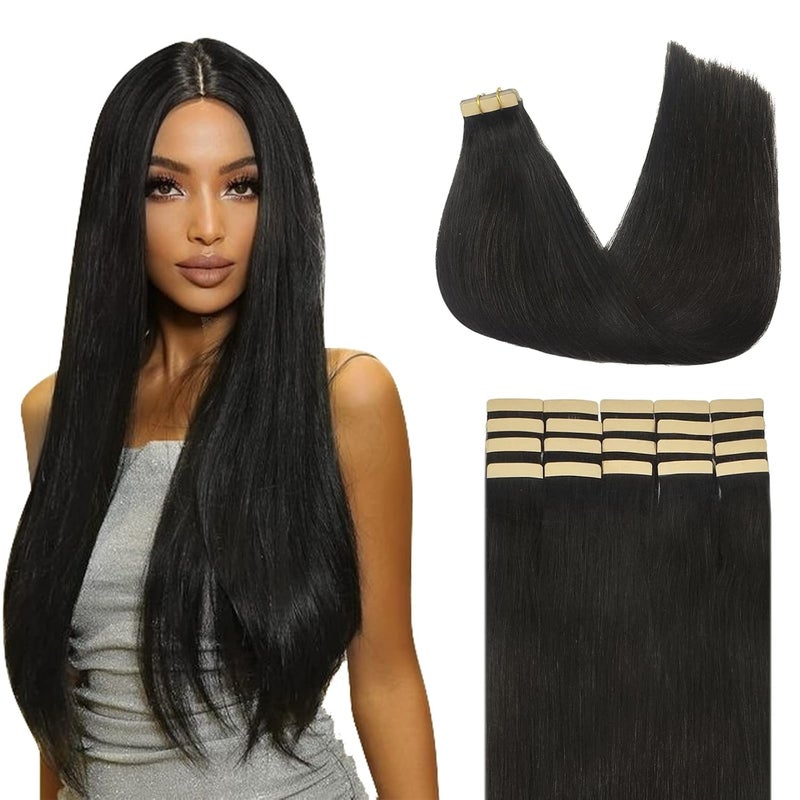 إضافات شعر بشري لاسهي بشريط للنساء السود 50غ حزمة 20 قطعة بشريط إضافات شعر 18 بوصة أسود طبيعي شفاف