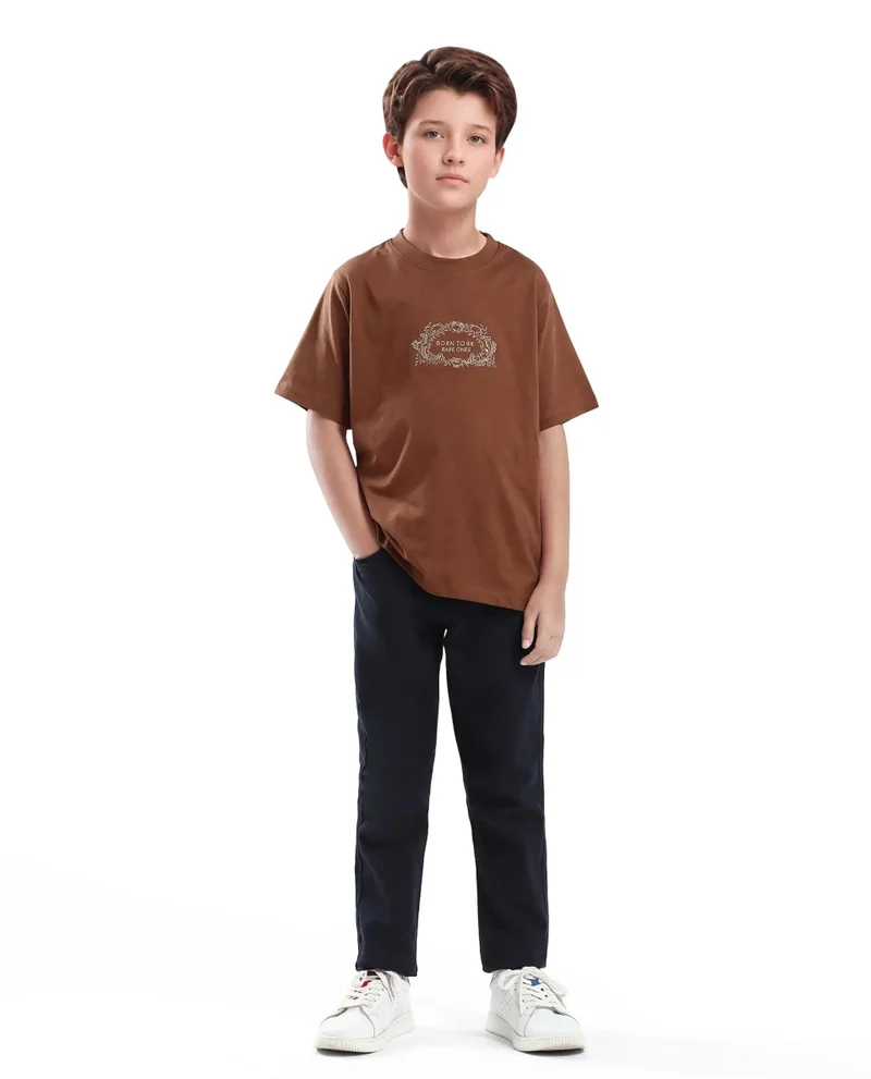 Rare Ones Rare Ones Kids Roxie Light Brown Cotton Half Sleeve Embroidered Slip-On Closure Regular Fit T-Shirt