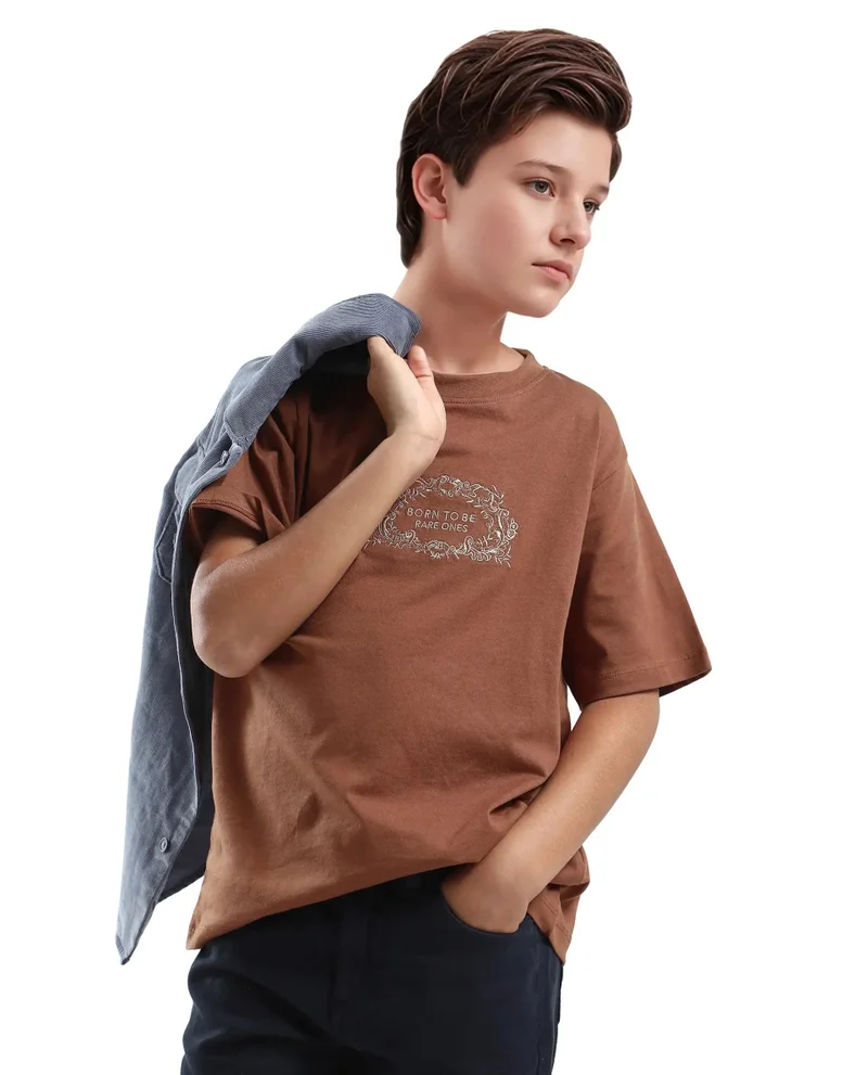 Rare Ones Rare Ones Kids Roxie Light Brown Cotton Half Sleeve Embroidered Slip-On Closure Regular Fit T-Shirt