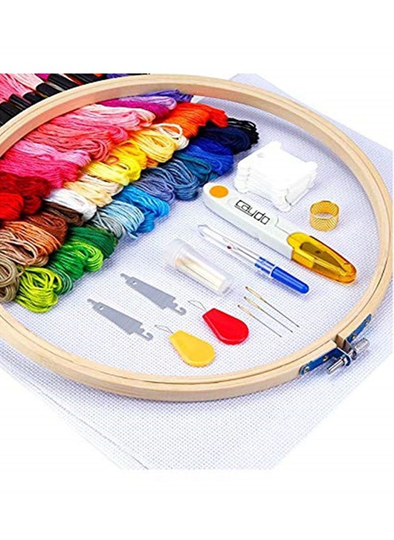 Full Range of Embroidery Starter Kit Including 5 Pieces Bamboo Embroidery Hoops 50 Random Color Threads and 9 Pcs Random Color Cross Stitch Tool Kit