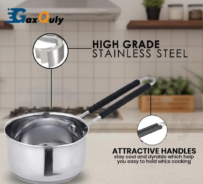 GaxQuly Heavy Gauge Stainless Steel Sauce Pan, Tea Pan, Milk Pan Pot Tapeli Patila Milk Boiler Induction & Gas Compatible Heat-Resistant Bakelite Handle (Silver 1 Litre) - Image 4