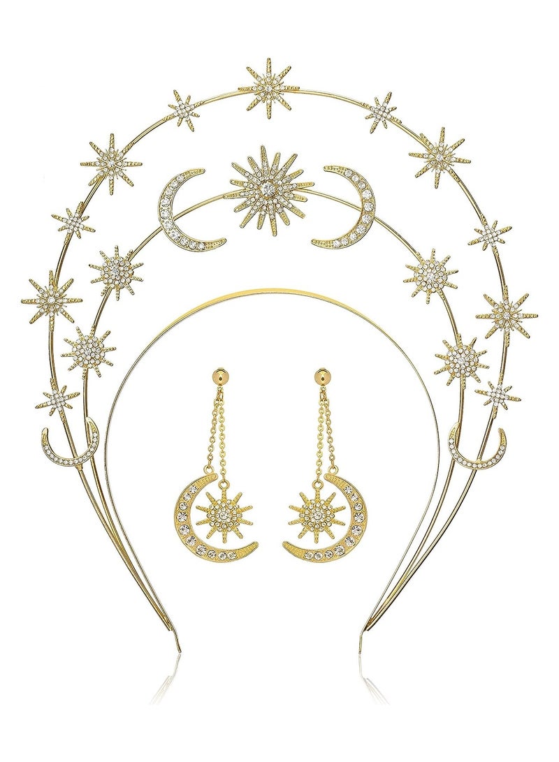 Boho Star Moon dess Crown Headpiece with Earrings - Elegant Halo Tiaras for Women, Perfect for Weddings and Special Occasions  - Image 1