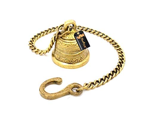 Two Moustaches Ethnic Indian Handcrafted Brass Temple Hanging Bell with Chain Brown Standard - Image 3