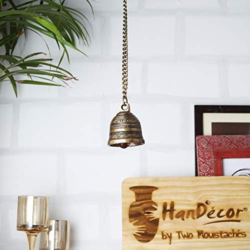 Two Moustaches Ethnic Indian Handcrafted Brass Temple Hanging Bell with Chain Brown Standard - Image 1