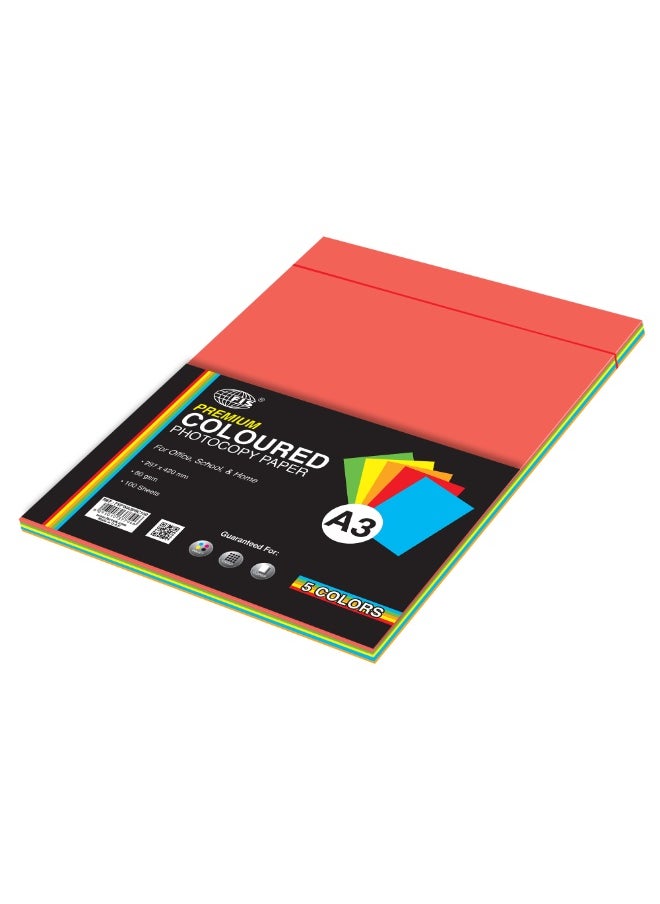 FIS Premium Color Photocopy Paper, 100 Sheets, 80 gsm, 5 Assorted Premium Colors, A3 Size - FSPWA3P5C100 