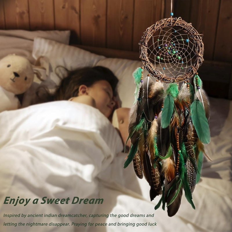 Artilady Wide daily application Dream Catcher Native American Boho Dreamcatcher Rattan Wall Decor, Handmade Natural Goose Feathers Brown Golden Beaded Hanging Ornament Indian Decor for Bedroom Living Room (Green) Longevity optimized build - Image 2