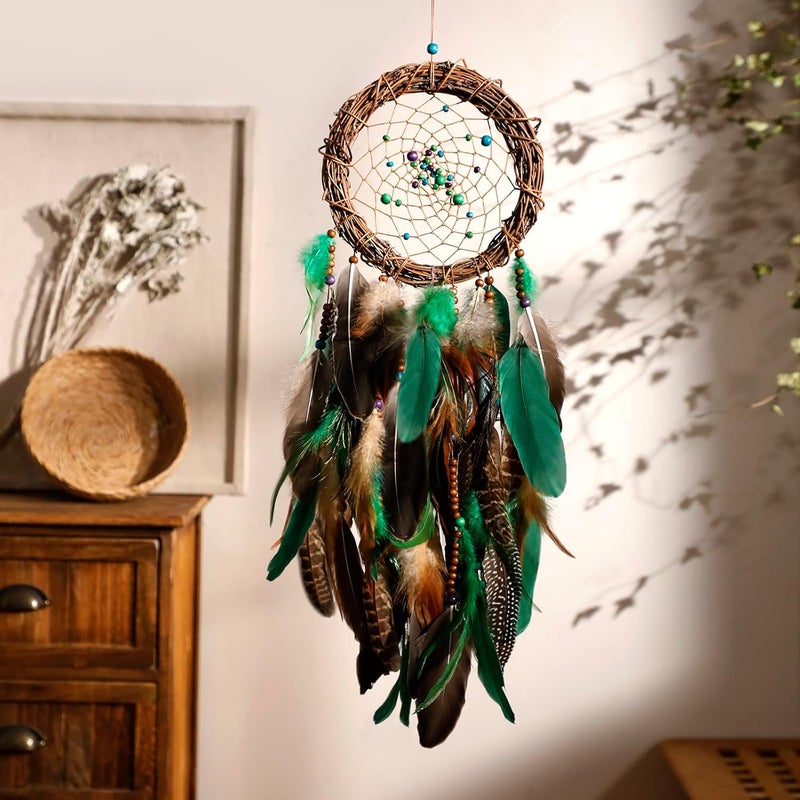 Artilady Wide daily application Dream Catcher Native American Boho Dreamcatcher Rattan Wall Decor, Handmade Natural Goose Feathers Brown Golden Beaded Hanging Ornament Indian Decor for Bedroom Living Room (Green) Longevity optimized build - Image 1