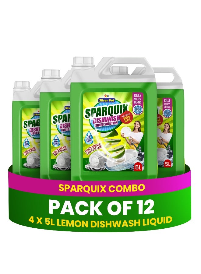 Silver Pot Green Apple Dish Washing Liquid 20 Litres – (4 x 5 Litres) - Kitchen Dish Wash Gel - Tough on Grease & Oily Residue - Gentle on Hands - Fresh Green Apple Fragrance - Image 1