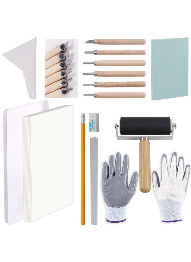 Rustark - 24 Pieces Block Printing Starter Tool Kit With Whetstone Stamp Block Carving Tools Tracing Paperspencil Gloveseraser And Scrapper Rubber Stamp Making Kit For Stamping And Printmaking - Image 1