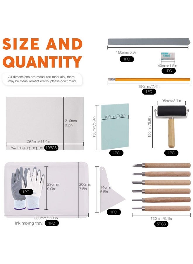 Rustark - 24 Pieces Block Printing Starter Tool Kit With Whetstone Stamp Block Carving Tools Tracing Paperspencil Gloveseraser And Scrapper Rubber Stamp Making Kit For Stamping And Printmaking - Image 1
