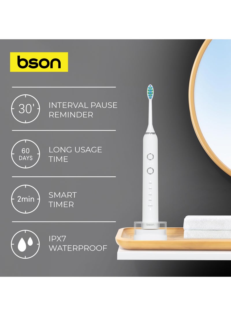BSON فرشاة أسنان سونك لاسلكية مع عمر بطارية 60 يوم - 34000 إلى 40000 حركة في الدقيقة لتنظيف عميق - قوة تبييض 10X، قاعدة شحن لاسلكية، مقاومة للماء IPX7، تصميم عصري مريح - Image 3