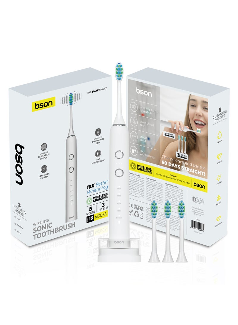 BSON فرشاة أسنان سونك لاسلكية مع عمر بطارية 60 يوم - 34000 إلى 40000 حركة في الدقيقة لتنظيف عميق - قوة تبييض 10X، قاعدة شحن لاسلكية، مقاومة للماء IPX7، تصميم عصري مريح - Image 1