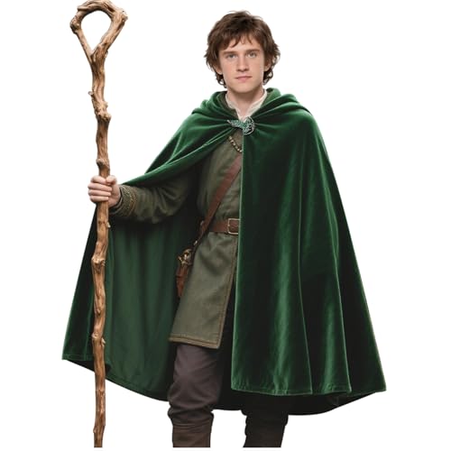 L'VOW Medieval Green Hobbit Cloak with Leaf Brooch Renaissance Hooded Cape with Hood Halloween LOTR Elf Dwarf Cosplay(Dark Green,L) - Image 1