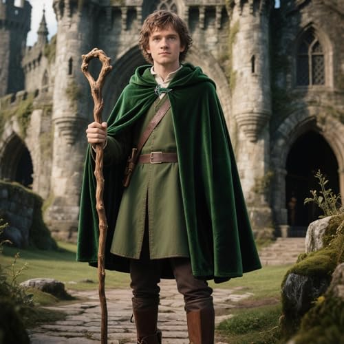 L'VOW Medieval Green Hobbit Cloak with Leaf Brooch Renaissance Hooded Cape with Hood Halloween LOTR Elf Dwarf Cosplay(Dark Green,L) - Image 4