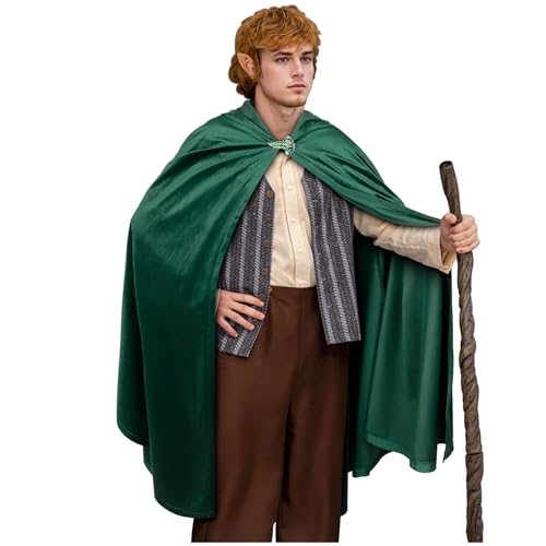 L'VOW Medieval Green Hobbit Cloak with Leaf Brooch Renaissance Hooded Cape with Hood Halloween LOTR Elf Dwarf Cosplay(Dark Green,L) - Image 3