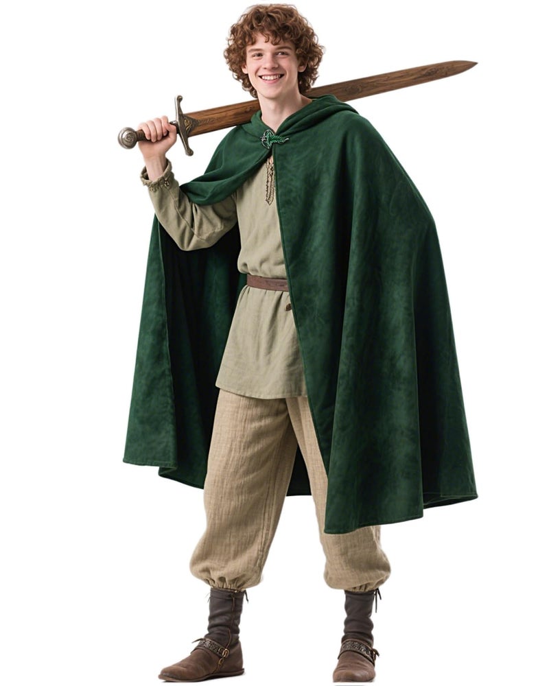 L'VOW Medieval Green Hobbit Cloak with Leaf Brooch Renaissance Hooded Cape with Hood Halloween LOTR Elf Dwarf Cosplay(Dark Green,L) - Image 2