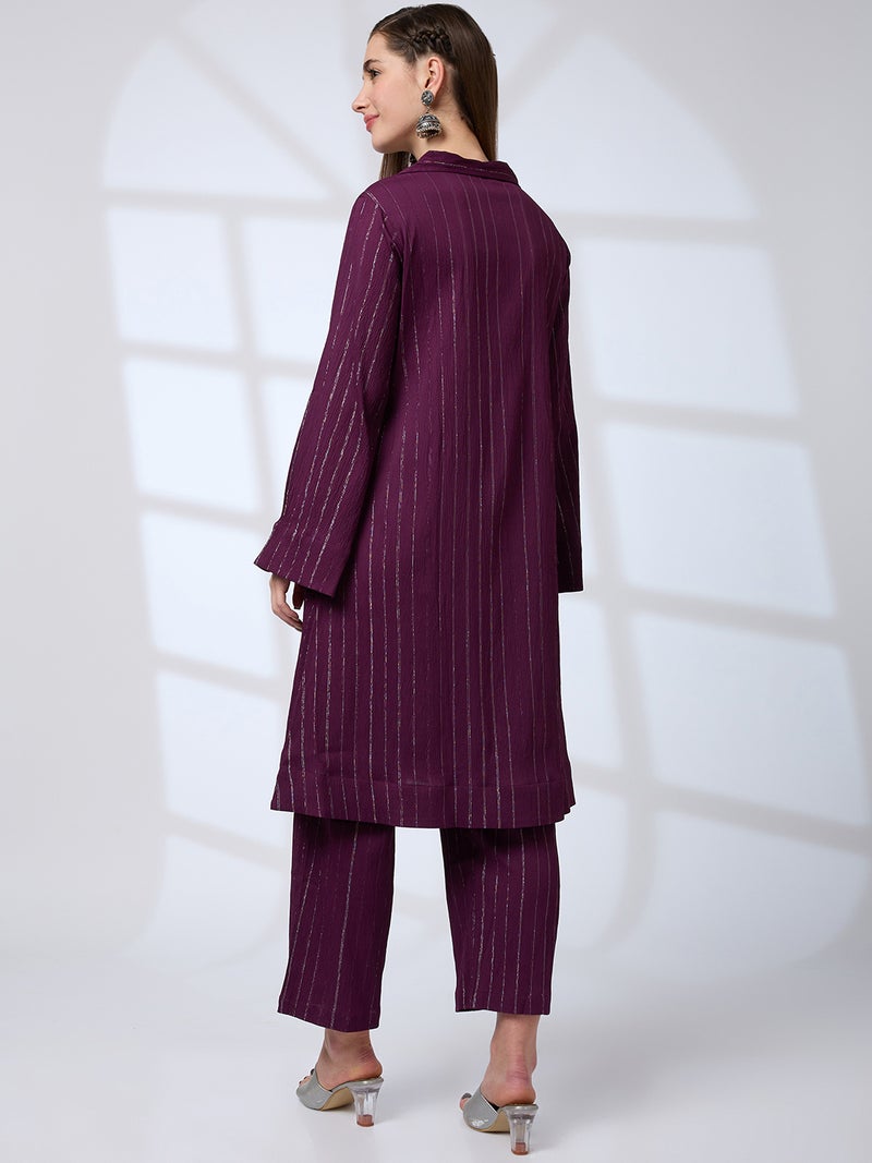 globus Globus Women Shimmer Woven Design Notched Lapel Bell Sleeves A-Line Kurta With Pants Fusion Set  - Image 3