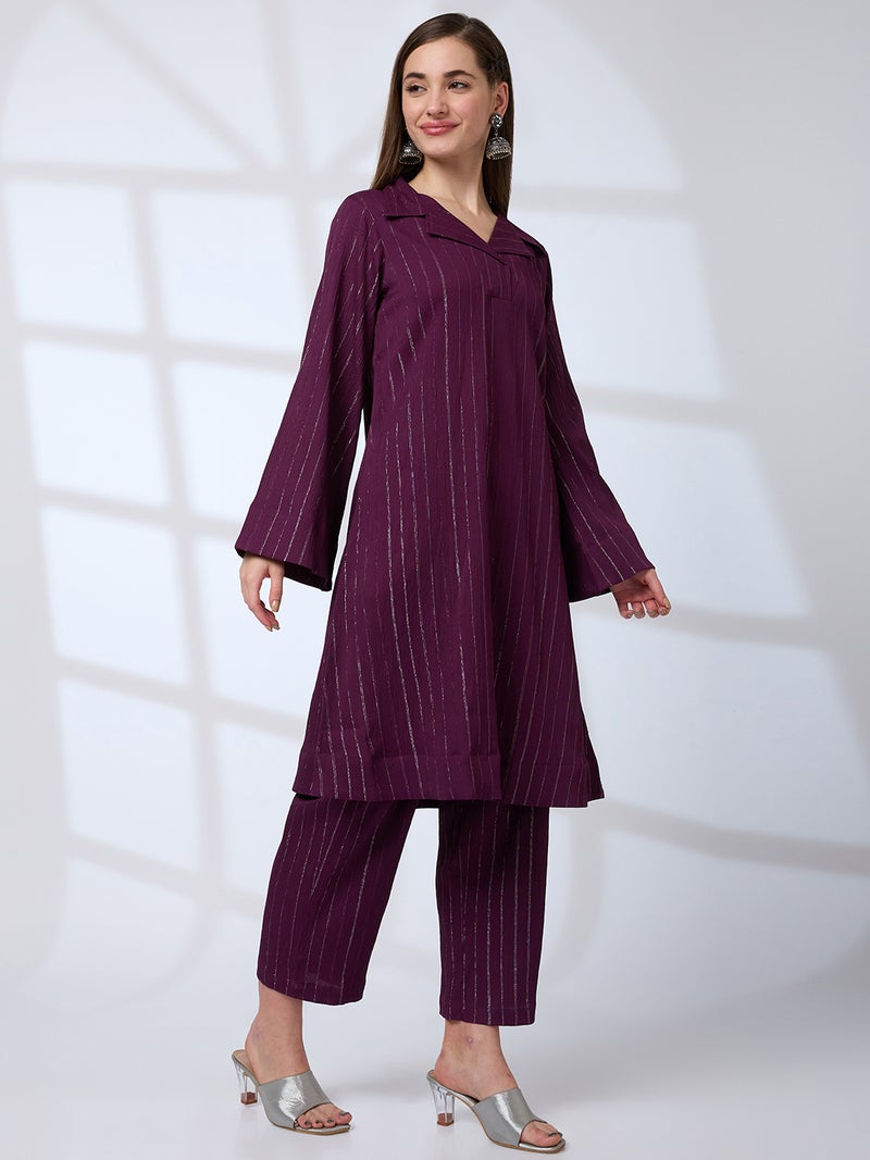 globus Globus Women Shimmer Woven Design Notched Lapel Bell Sleeves A-Line Kurta With Pants Fusion Set  - Image 2