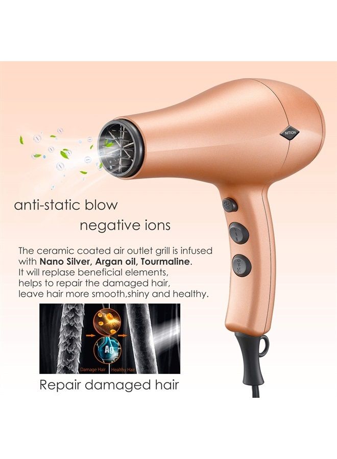 NITION Negative Ions Ceramic Hair Dryer with Diffuser Attachment Ionic Blow Dryer Quick Drying,1875 Watt 2 Speed / 3 Heat Settings,Cool Shot Button,Lightweight,Champagne Gold - Image 2