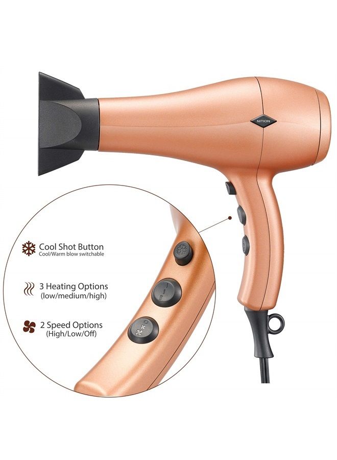 NITION Negative Ions Ceramic Hair Dryer with Diffuser Attachment Ionic Blow Dryer Quick Drying,1875 Watt 2 Speed / 3 Heat Settings,Cool Shot Button,Lightweight,Champagne Gold - Image 3