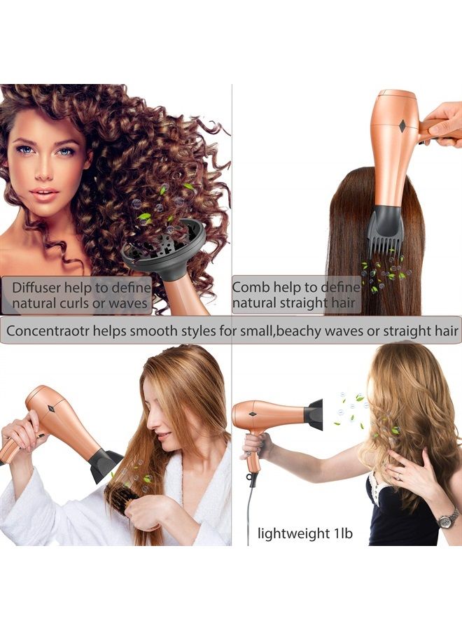 NITION Negative Ions Ceramic Hair Dryer with Diffuser Attachment Ionic Blow Dryer Quick Drying,1875 Watt 2 Speed / 3 Heat Settings,Cool Shot Button,Lightweight,Champagne Gold - Image 4