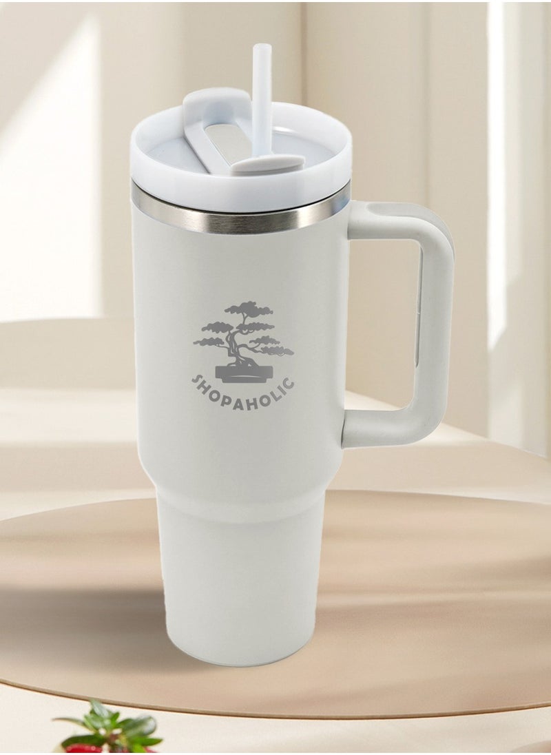 Shopaholic - 40oz Insulated Stainless Steel Tumbler with Handle, Straw & Lid - Large Travel Coffee Mug for Hot & Cold Beverages - Image 1