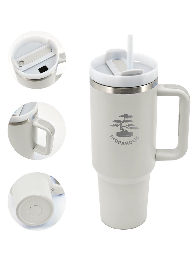 Shopaholic - 40oz Insulated Stainless Steel Tumbler with Handle, Straw & Lid - Large Travel Coffee Mug for Hot & Cold Beverages - Image 1