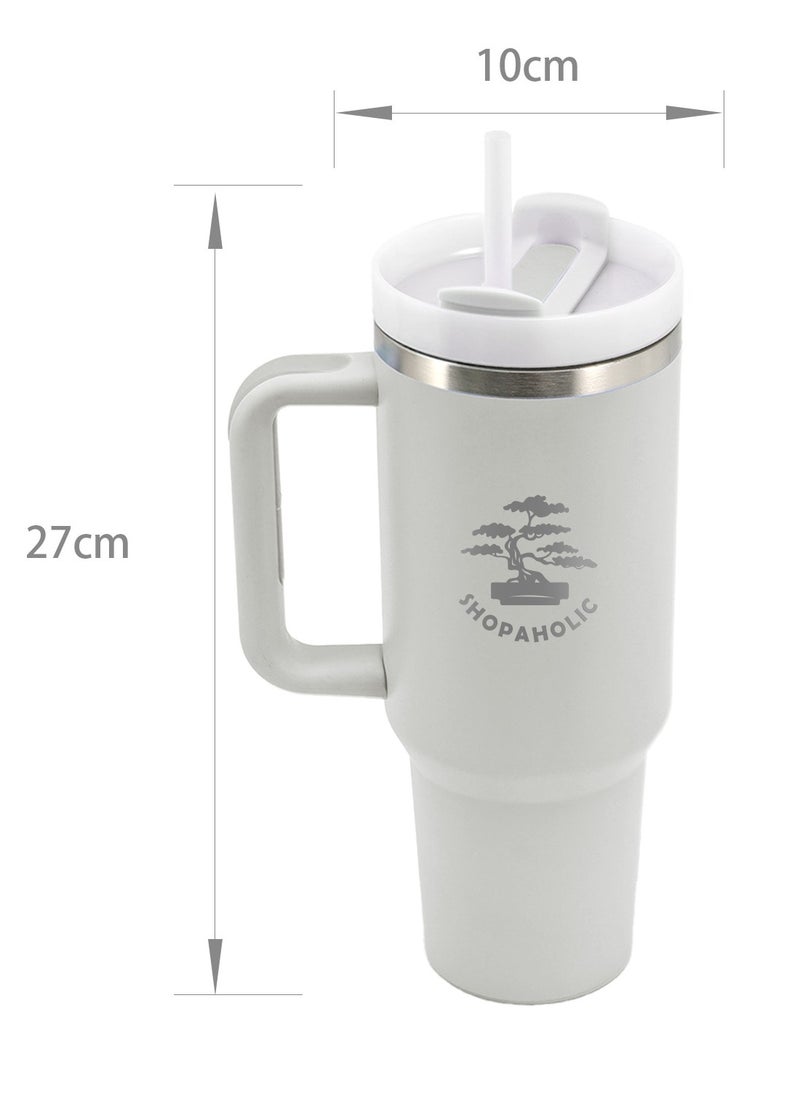 Shopaholic - 40oz Insulated Stainless Steel Tumbler with Handle, Straw & Lid - Large Travel Coffee Mug for Hot & Cold Beverages - Image 1