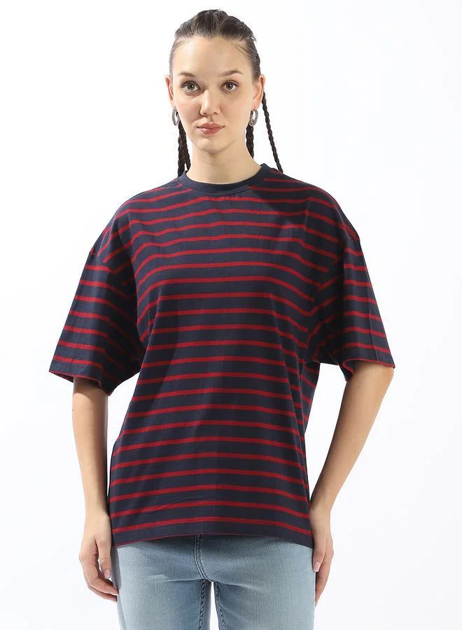 هاي ستار تيشيرت نسائي قطن % مخطط مقاس كبير بألوان متعددة