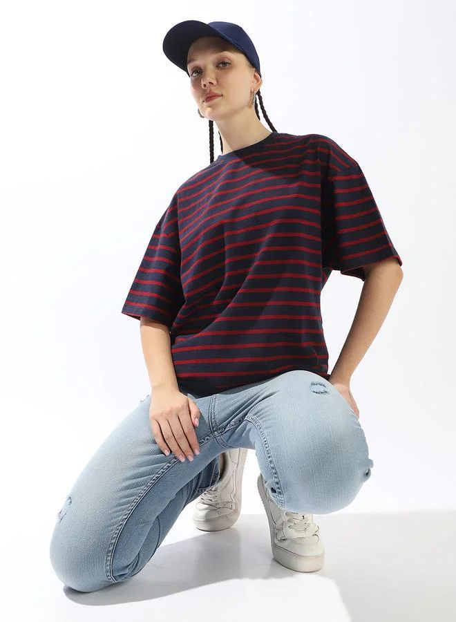 هاي ستار تيشيرت نسائي قطن % مخطط مقاس كبير بألوان متعددة