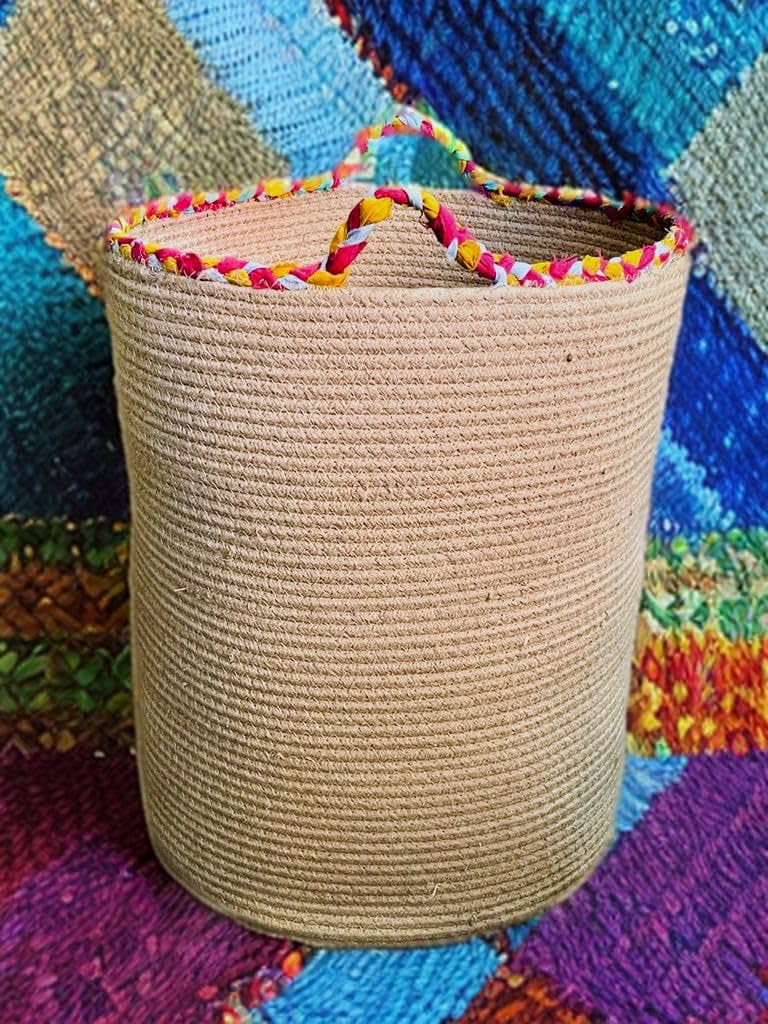 RUGSZONE® Extra Large Storage Basket with Lid, Cotton Rope Baskets, Laundry Hamper, Cloth Bin, for Clothes Towels Blankets Pillows Storage in Living Room, Jute/Black Mix Basket (15X20 INCH) - Image 3