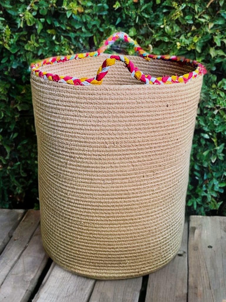 RUGSZONE® Extra Large Storage Basket with Lid, Cotton Rope Baskets, Laundry Hamper, Cloth Bin, for Clothes Towels Blankets Pillows Storage in Living Room, Jute/Black Mix Basket (15X20 INCH) - Image 1