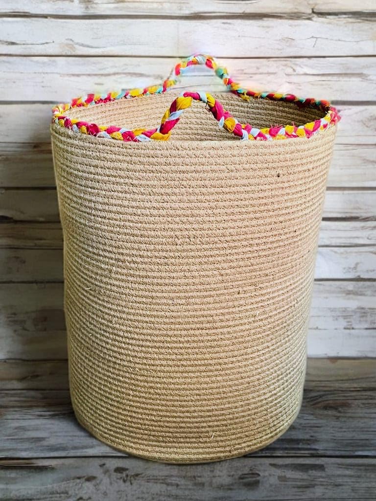 RUGSZONE® Extra Large Storage Basket with Lid, Cotton Rope Baskets, Laundry Hamper, Cloth Bin, for Clothes Towels Blankets Pillows Storage in Living Room, Jute/Black Mix Basket (15X20 INCH) - Image 2