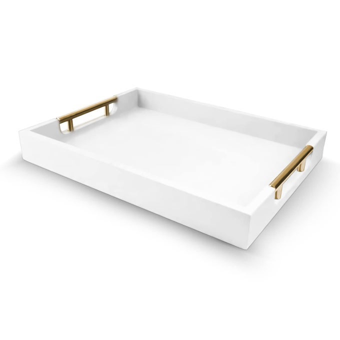 WOODEN DECORATIVE COFFEE TABLE TRAY 16 SERVING TRAY WITH HANDLES MATTE FINISH DECORATIVE TRAY OTTOMAN TRAY FOR LIVING ROOM PERFUME VANITY DRESSER ORGANIZER IVORY WHITE