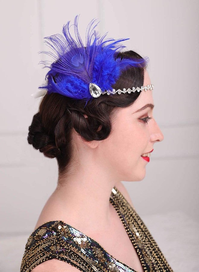 Aimimier Bridal 1920s Flapper Feather Headband Royal Blue Feather Hair Clip with Crystal Head Chain Roaring 20s Headpiece Accessories for Women - Image 2