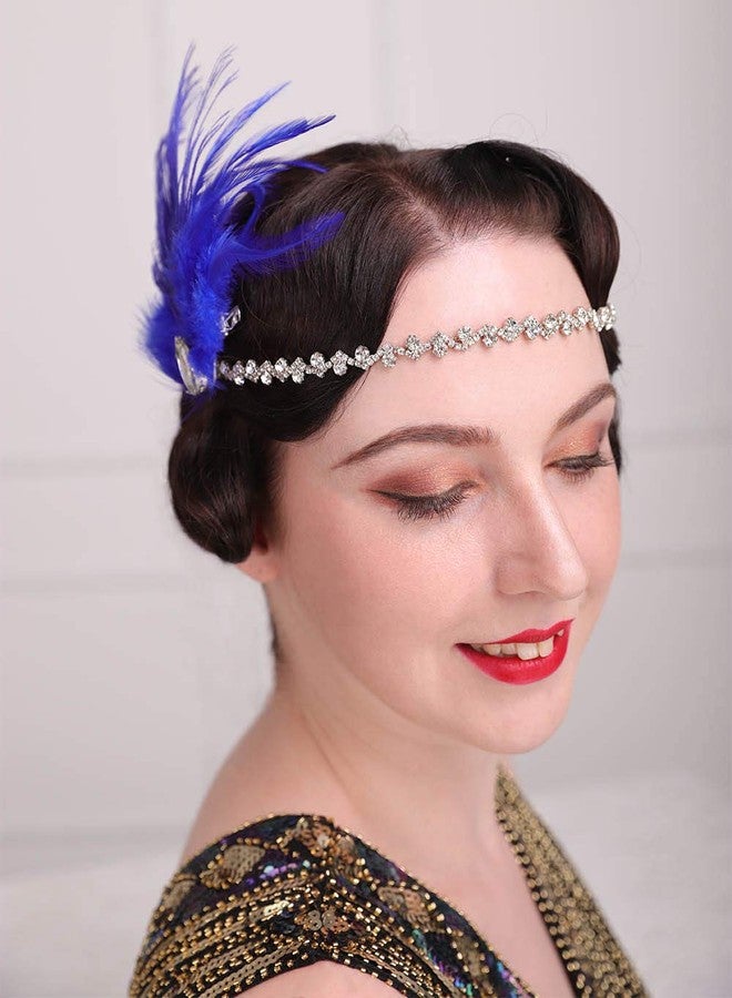 Aimimier Bridal 1920s Flapper Feather Headband Royal Blue Feather Hair Clip with Crystal Head Chain Roaring 20s Headpiece Accessories for Women - Image 4