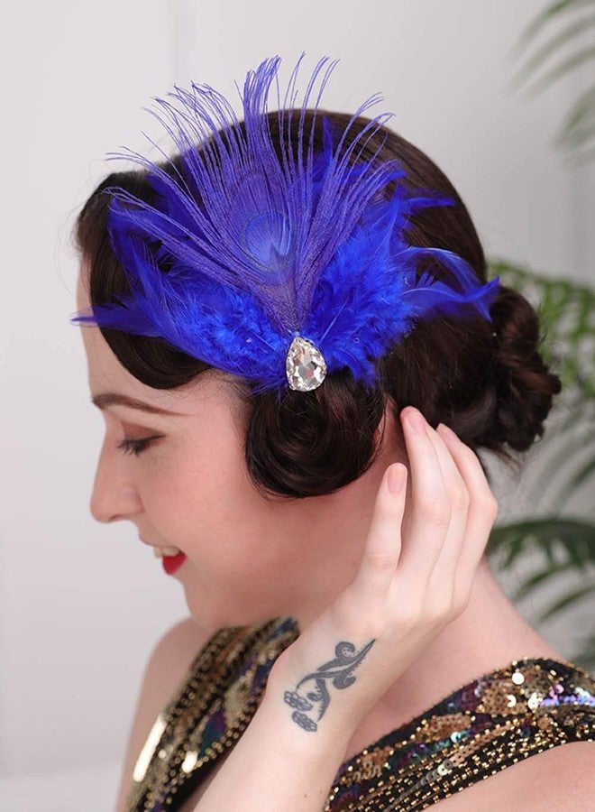Aimimier Bridal 1920s Flapper Feather Headband Royal Blue Feather Hair Clip with Crystal Head Chain Roaring 20s Headpiece Accessories for Women - Image 5