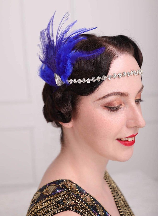 Aimimier Bridal 1920s Flapper Feather Headband Royal Blue Feather Hair Clip with Crystal Head Chain Roaring 20s Headpiece Accessories for Women - Image 3
