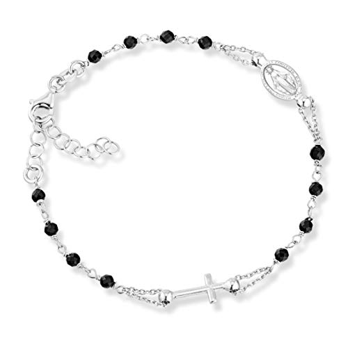 Miabella 925 Sterling Silver Italian Natural Black Spinel Rosary Cross Charm Bead Bracelet for Women, Adjustable Link Chain, Handmade in Italy (Length 6 to 7 Inch) - Image 1