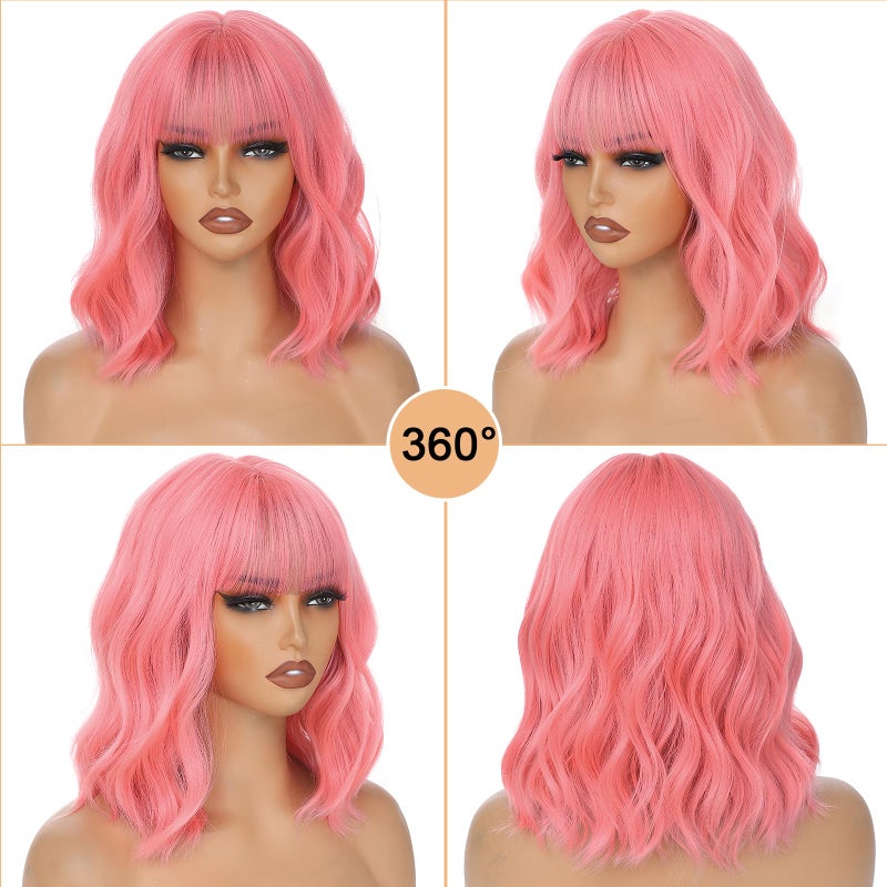 AGO Pink Wigs Short Wavy Hair Pastel Bob Wig with Bangs Shoulder Length Synthetic Hair for Women Girl Colorful Cosplay Wig Synthetic Heat Resistant Fiber for Daily Party Halloween Use(313#Pink) - Image 4