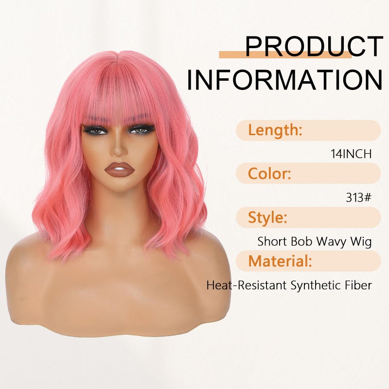AGO Pink Wigs Short Wavy Hair Pastel Bob Wig with Bangs Shoulder Length Synthetic Hair for Women Girl Colorful Cosplay Wig Synthetic Heat Resistant Fiber for Daily Party Halloween Use(313#Pink) - Image 2