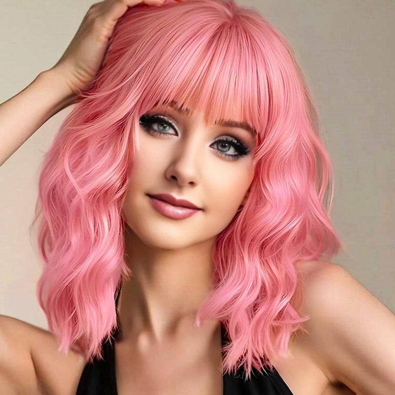 AGO Pink Wigs Short Wavy Hair Pastel Bob Wig with Bangs Shoulder Length Synthetic Hair for Women Girl Colorful Cosplay Wig Synthetic Heat Resistant Fiber for Daily Party Halloween Use(313#Pink) - Image 1