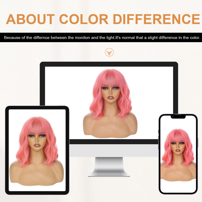 AGO Pink Wigs Short Wavy Hair Pastel Bob Wig with Bangs Shoulder Length Synthetic Hair for Women Girl Colorful Cosplay Wig Synthetic Heat Resistant Fiber for Daily Party Halloween Use(313#Pink) - Image 5