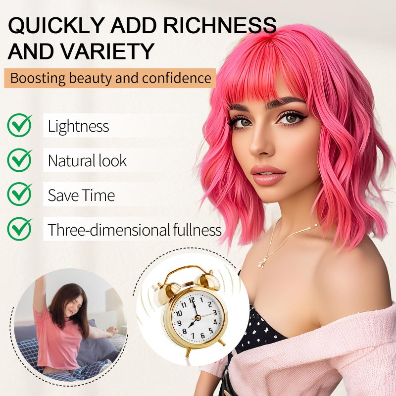 AGO Pink Wigs Short Wavy Hair Pastel Bob Wig with Bangs Shoulder Length Synthetic Hair for Women Girl Colorful Cosplay Wig Synthetic Heat Resistant Fiber for Daily Party Halloween Use(313#Pink) - Image 3